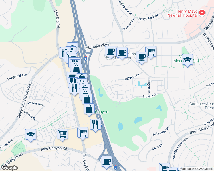map of restaurants, bars, coffee shops, grocery stores, and more near 24763 Sand Wedge Lane in Santa Clarita