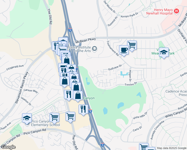 map of restaurants, bars, coffee shops, grocery stores, and more near 24763 Sand Wedge Lane in Santa Clarita