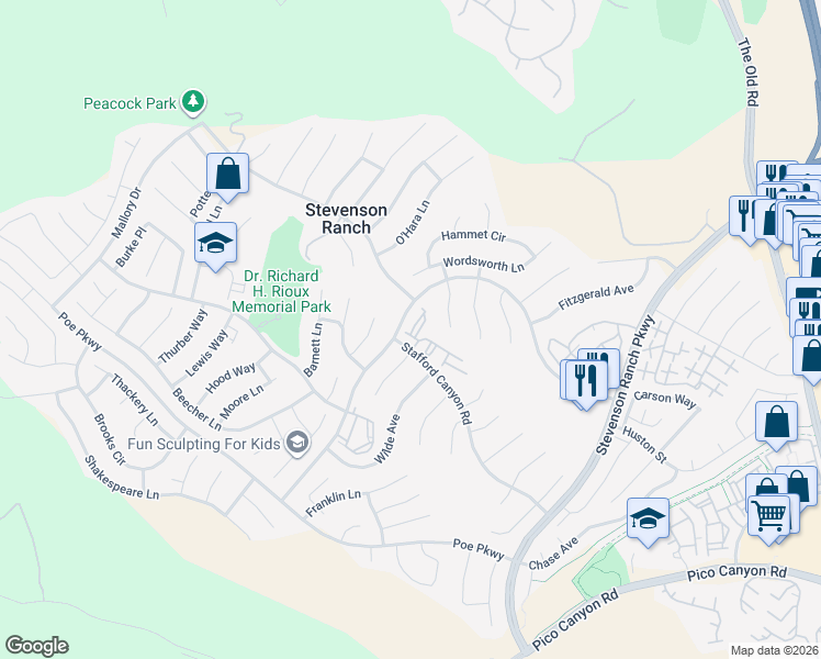 map of restaurants, bars, coffee shops, grocery stores, and more near 25957 Stafford Canyon Road in Stevenson Ranch