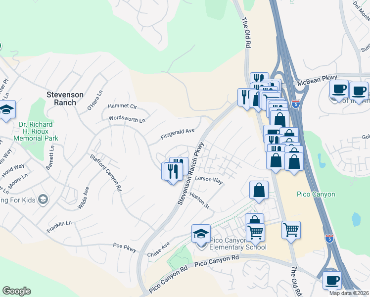 map of restaurants, bars, coffee shops, grocery stores, and more near 25768 Perlman Place in Stevenson Ranch