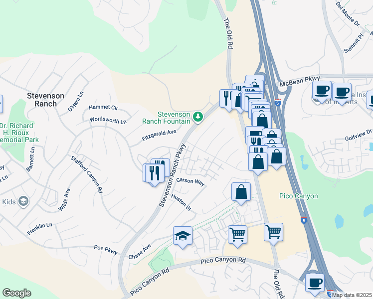 map of restaurants, bars, coffee shops, grocery stores, and more near 25258 Steinbeck Avenue in Stevenson Ranch
