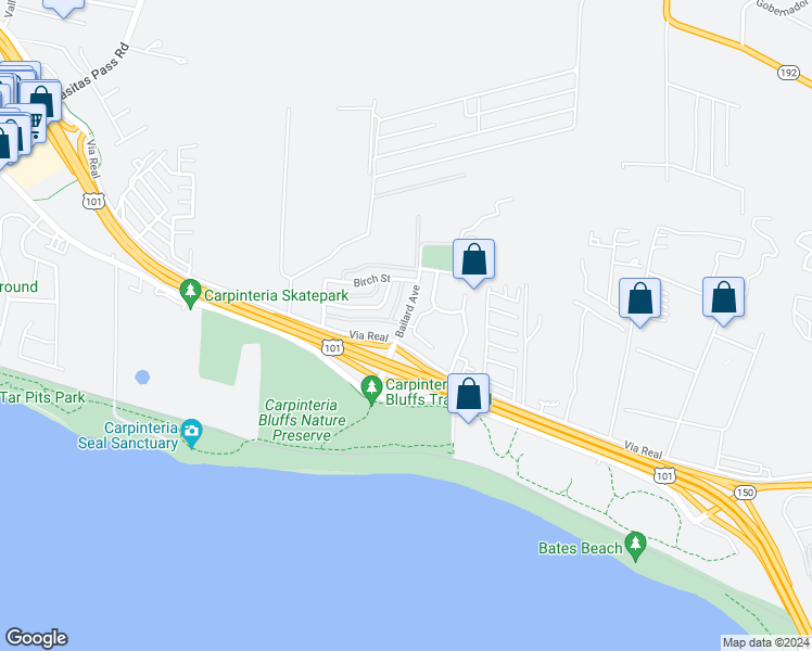 map of restaurants, bars, coffee shops, grocery stores, and more near 1010 Bailard Avenue in Carpinteria