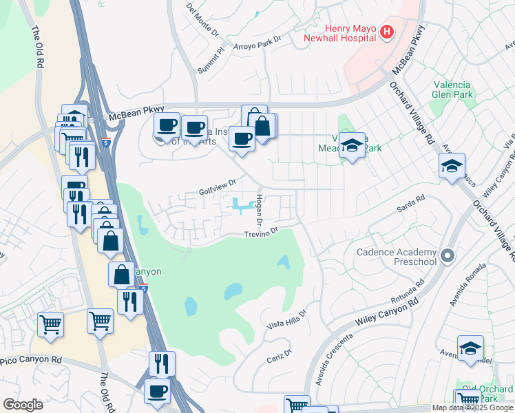 map of restaurants, bars, coffee shops, grocery stores, and more near 25725 Hogan Drive in Santa Clarita
