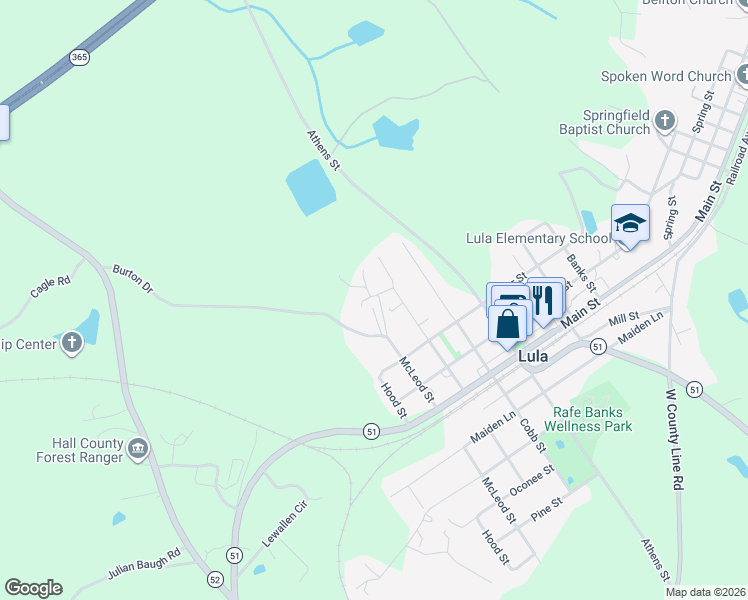 map of restaurants, bars, coffee shops, grocery stores, and more near 5914 Belton Manor Drive in Lula