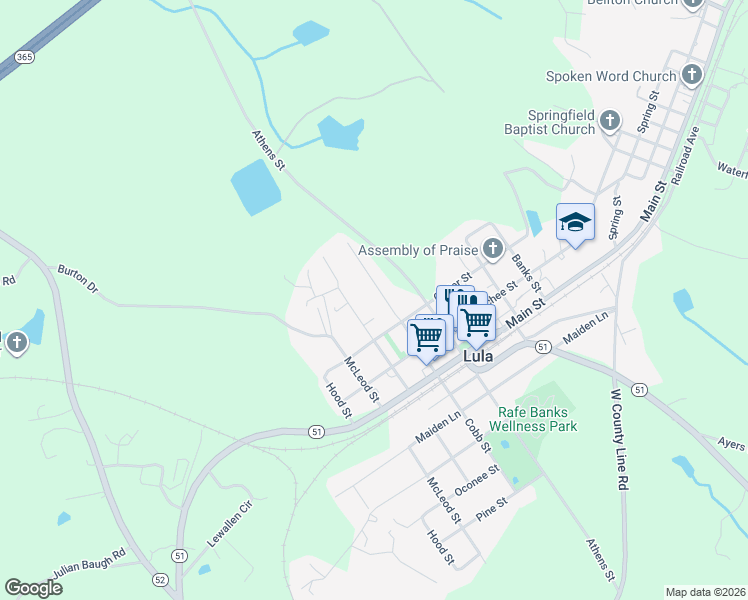 map of restaurants, bars, coffee shops, grocery stores, and more near 6011 Cobb Street in Lula