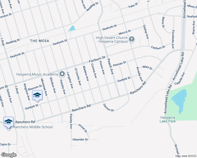 map of restaurants, bars, coffee shops, grocery stores, and more near 7601 Corona Avenue in Hesperia