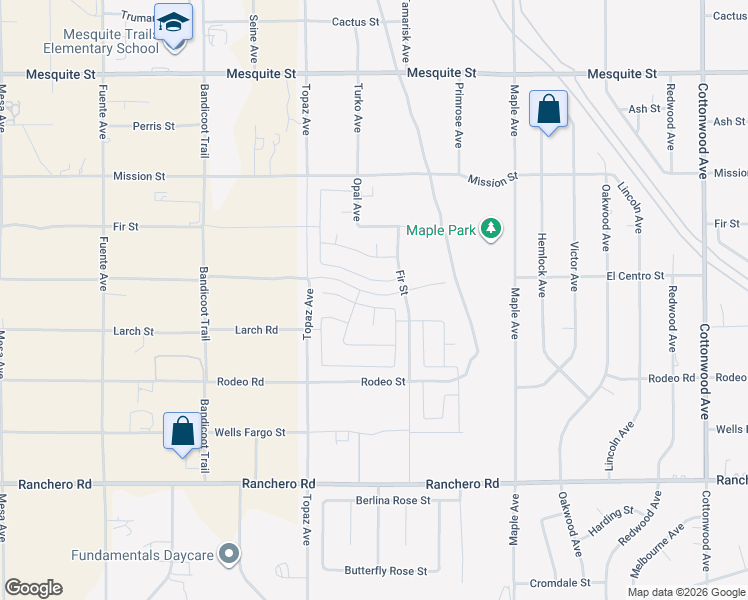 map of restaurants, bars, coffee shops, grocery stores, and more near 14228 Notre Dame Street in Hesperia