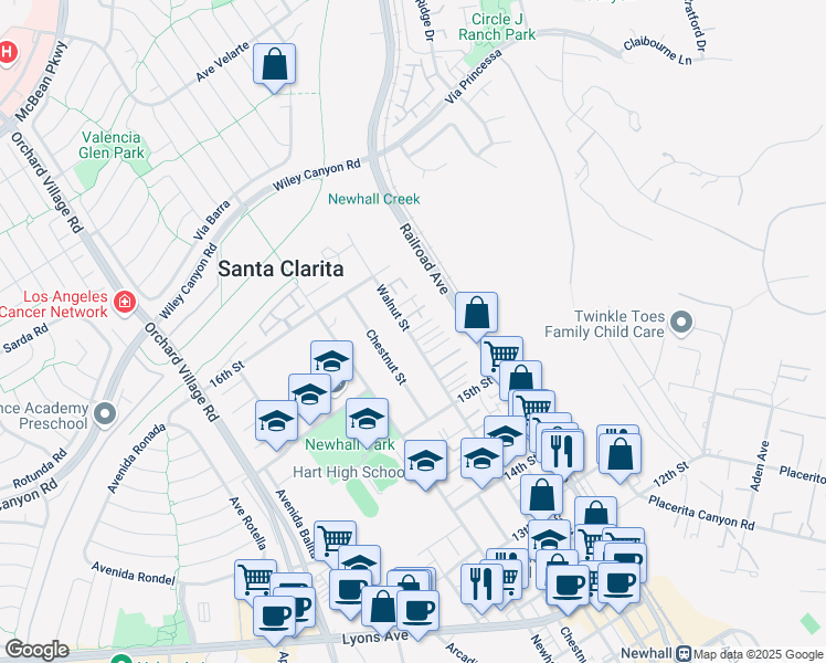 map of restaurants, bars, coffee shops, grocery stores, and more near Walnut Street in Santa Clarita