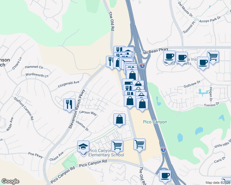 map of restaurants, bars, coffee shops, grocery stores, and more near 25705 Emerson Lane in Stevenson Ranch