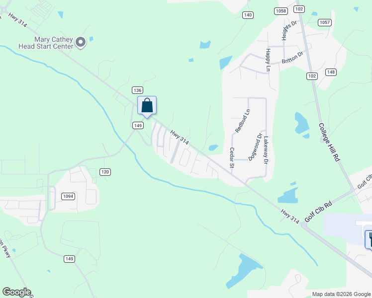 map of restaurants, bars, coffee shops, grocery stores, and more near 106 Creekwood Drive in Oxford