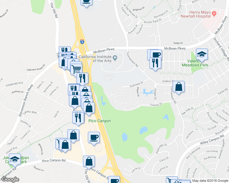 map of restaurants, bars, coffee shops, grocery stores, and more near 24743 Sand Wedge Lane in Santa Clarita
