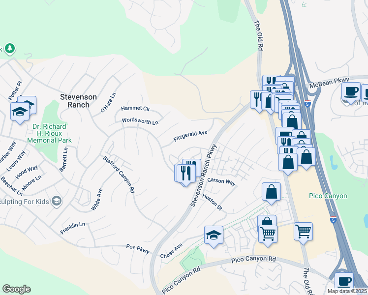 map of restaurants, bars, coffee shops, grocery stores, and more near 25745 Perlman Place in Stevenson Ranch