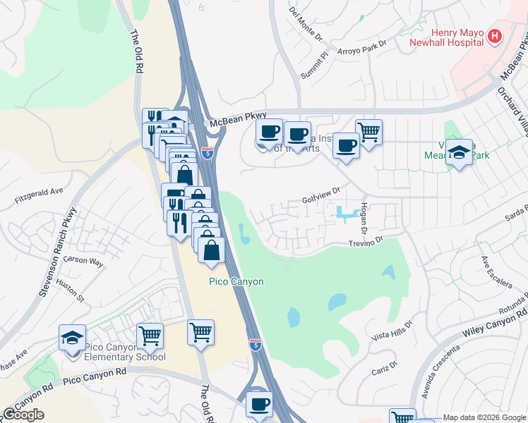 map of restaurants, bars, coffee shops, grocery stores, and more near 24739 Sand Wedge Lane in Santa Clarita