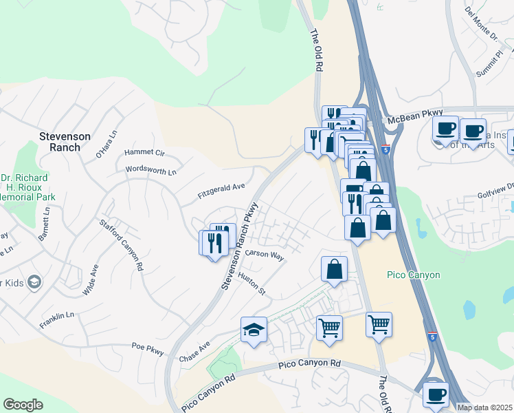 map of restaurants, bars, coffee shops, grocery stores, and more near 25256 Steinbeck Avenue in Stevenson Ranch