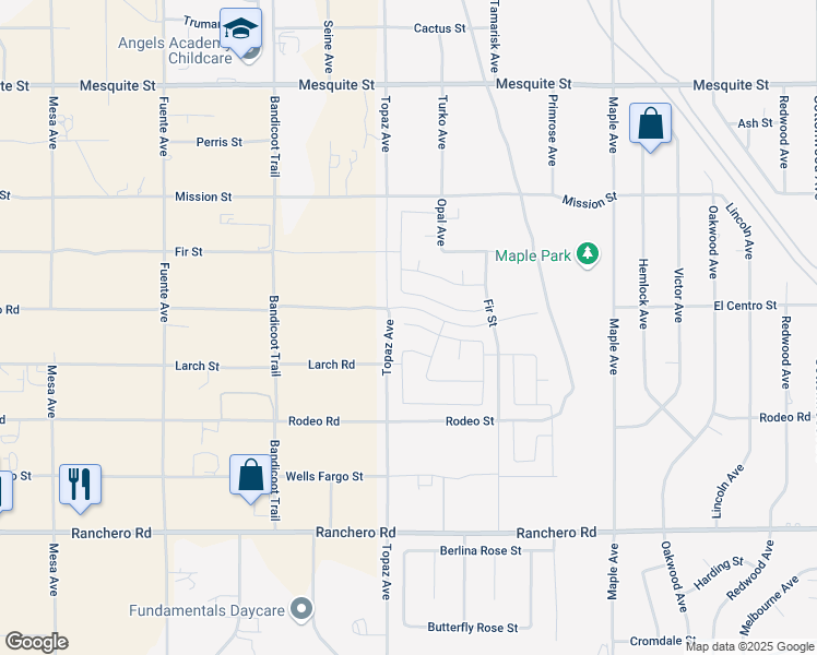 map of restaurants, bars, coffee shops, grocery stores, and more near Notre Dame Street in Hesperia