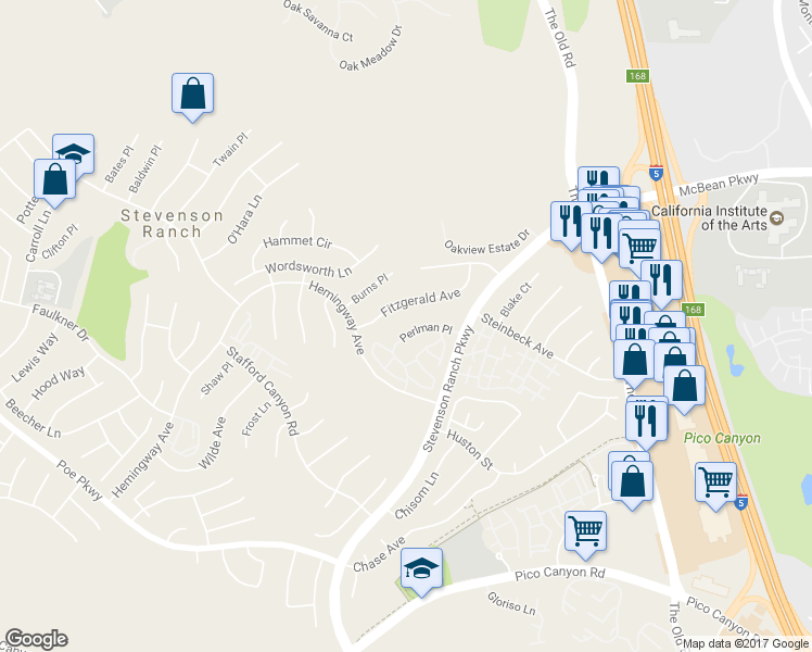map of restaurants, bars, coffee shops, grocery stores, and more near 25745 Perlman Place in Stevenson Ranch