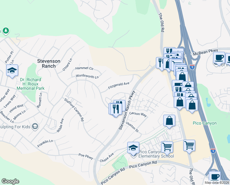 map of restaurants, bars, coffee shops, grocery stores, and more near 25442 Fitzgerald Avenue in Stevenson Ranch