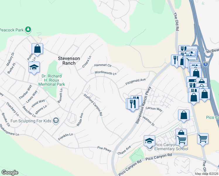 map of restaurants, bars, coffee shops, grocery stores, and more near 25852 Webster Place in Stevenson Ranch