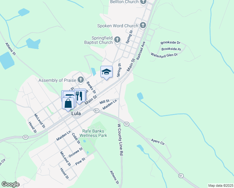 map of restaurants, bars, coffee shops, grocery stores, and more near 6205 Helen Street in Lula