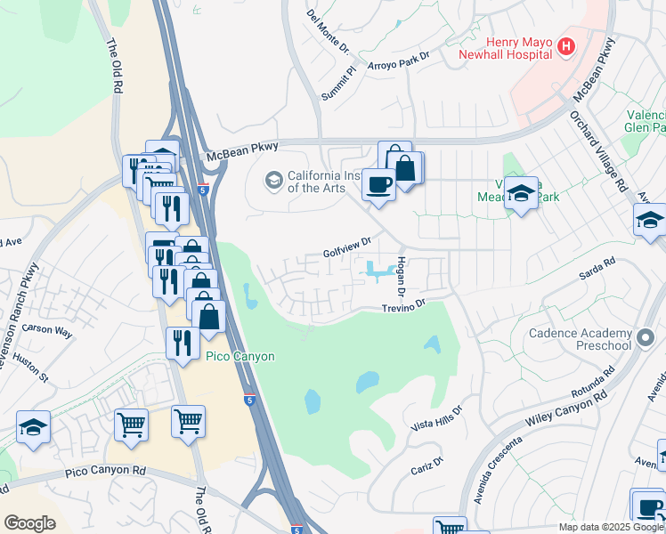 map of restaurants, bars, coffee shops, grocery stores, and more near 24630 Golfview Drive in Santa Clarita