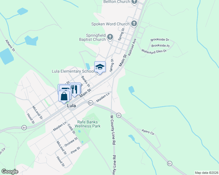 map of restaurants, bars, coffee shops, grocery stores, and more near 6217 Helen Street in Lula
