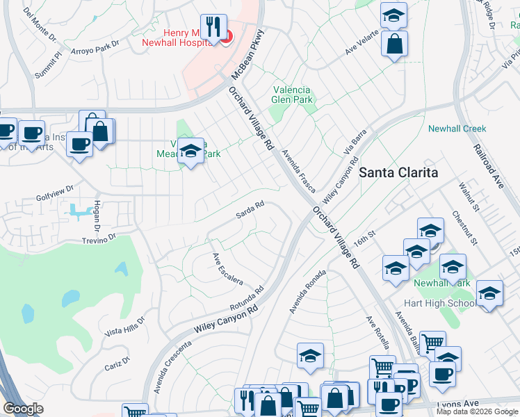 map of restaurants, bars, coffee shops, grocery stores, and more near 23805 Sarda Road in Santa Clarita