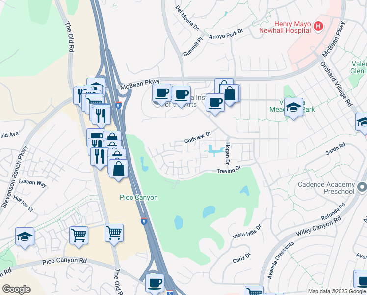 map of restaurants, bars, coffee shops, grocery stores, and more near 24678 Golfview Drive in Santa Clarita