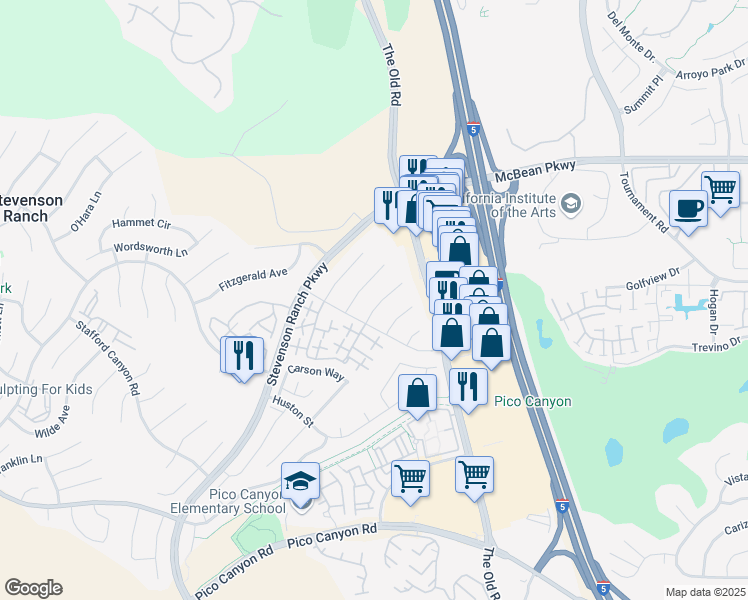 map of restaurants, bars, coffee shops, grocery stores, and more near 25815 Dickens Court in Stevenson Ranch