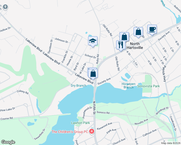 map of restaurants, bars, coffee shops, grocery stores, and more near 1024 East Lake Drive in Hartsville