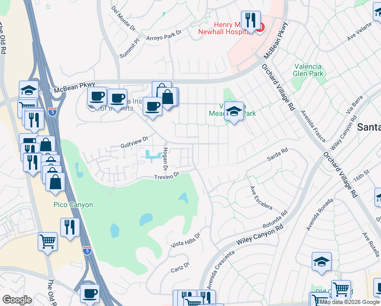 map of restaurants, bars, coffee shops, grocery stores, and more near 25695 Velan Drive in Santa Clarita