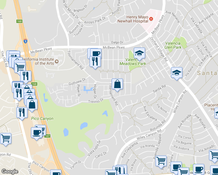 map of restaurants, bars, coffee shops, grocery stores, and more near 25729 Tournament Road in Santa Clarita