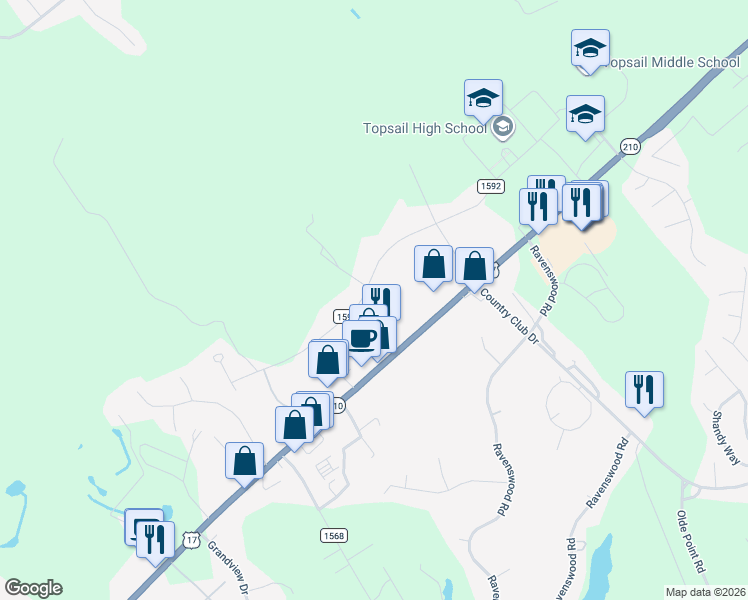 map of restaurants, bars, coffee shops, grocery stores, and more near 579-887 State Road 1592 in Hampstead