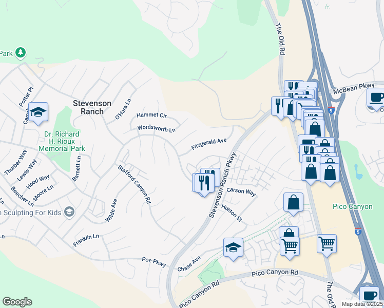 map of restaurants, bars, coffee shops, grocery stores, and more near 25525 Fitzgerald Avenue in Stevenson Ranch
