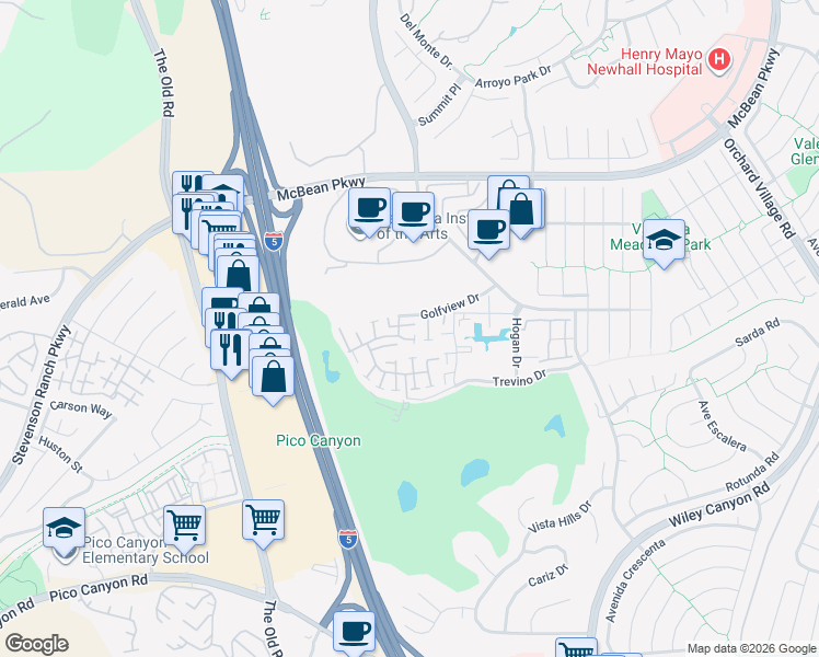map of restaurants, bars, coffee shops, grocery stores, and more near 25786 Vista Fairways Drive in Santa Clarita