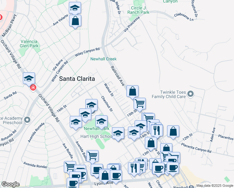 map of restaurants, bars, coffee shops, grocery stores, and more near 22859 Walnut Cottage Lane in Santa Clarita