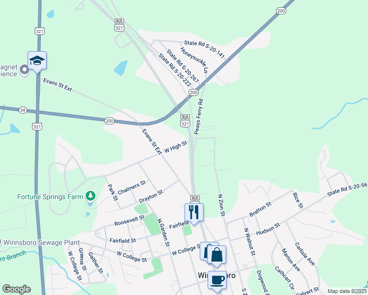 map of restaurants, bars, coffee shops, grocery stores, and more near 106 West High Street in Winnsboro