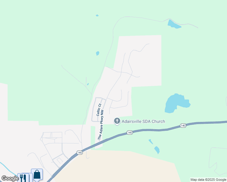 map of restaurants, bars, coffee shops, grocery stores, and more near 512 The Adare Parkway Northwest in Adairsville