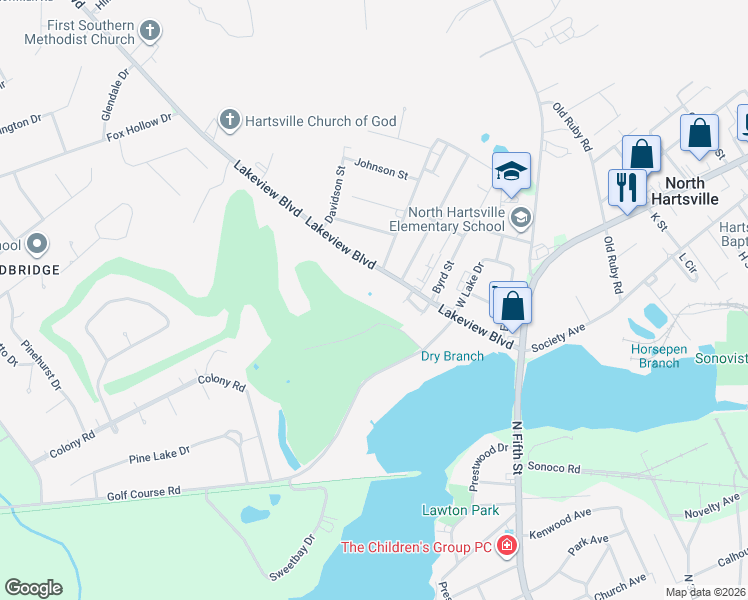 map of restaurants, bars, coffee shops, grocery stores, and more near 208 Lakeview Blvd in Hartsville
