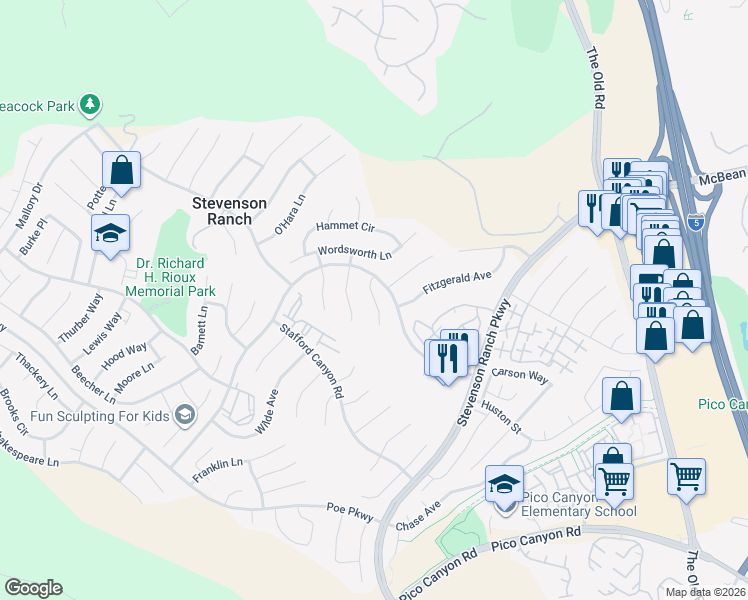 map of restaurants, bars, coffee shops, grocery stores, and more near 25577 Burns Place in Stevenson Ranch