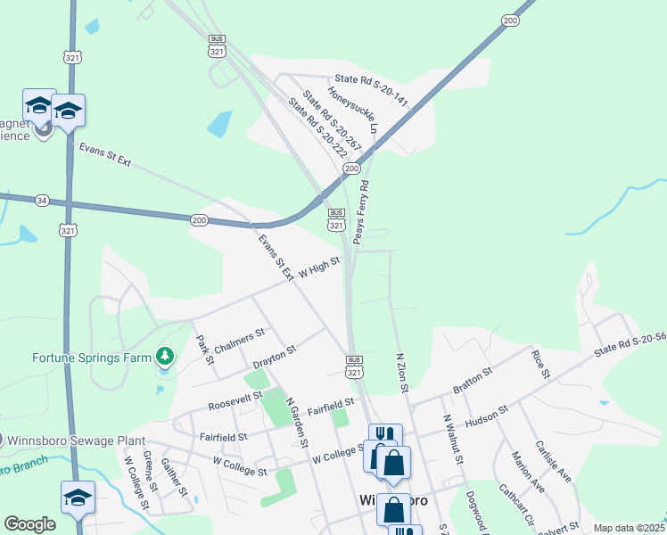 map of restaurants, bars, coffee shops, grocery stores, and more near 106 West High Street in Winnsboro