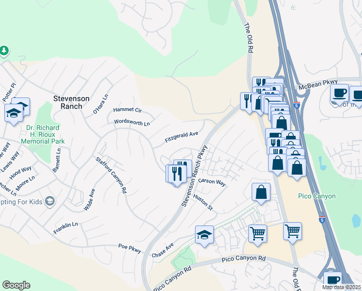 map of restaurants, bars, coffee shops, grocery stores, and more near 25755 Perlman Place in Stevenson Ranch