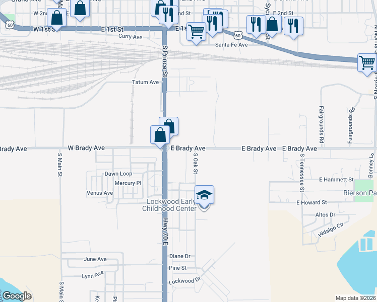 map of restaurants, bars, coffee shops, grocery stores, and more near 1004 East Brady Avenue in Clovis