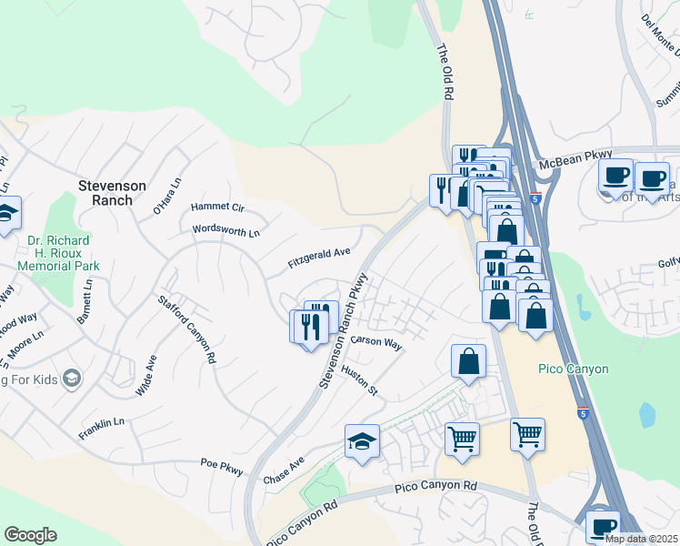 map of restaurants, bars, coffee shops, grocery stores, and more near 25773 Perlman Place in Stevenson Ranch