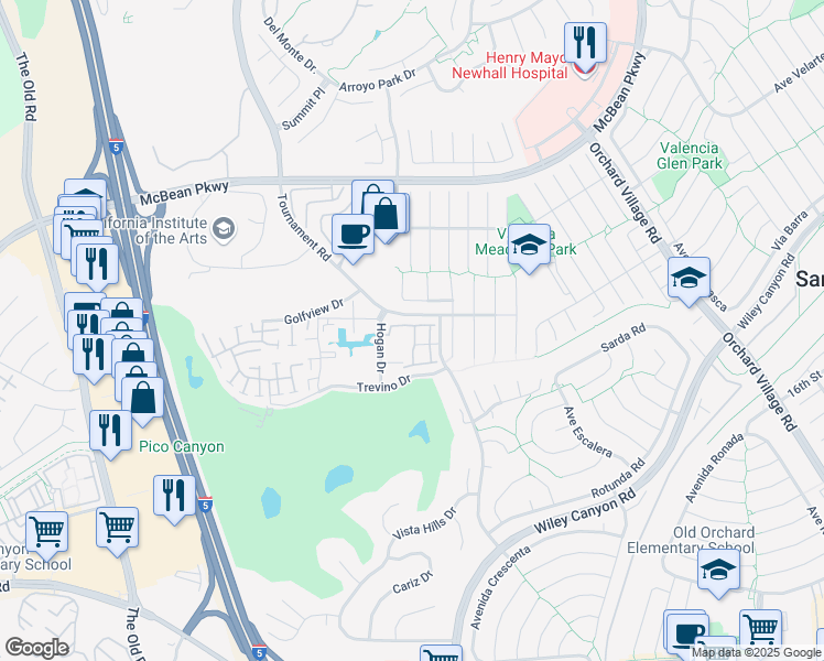 map of restaurants, bars, coffee shops, grocery stores, and more near in Santa Clarita