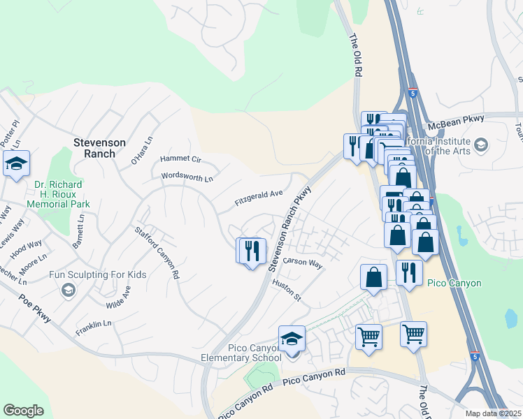 map of restaurants, bars, coffee shops, grocery stores, and more near 25442 Fitzgerald Avenue in Stevenson Ranch