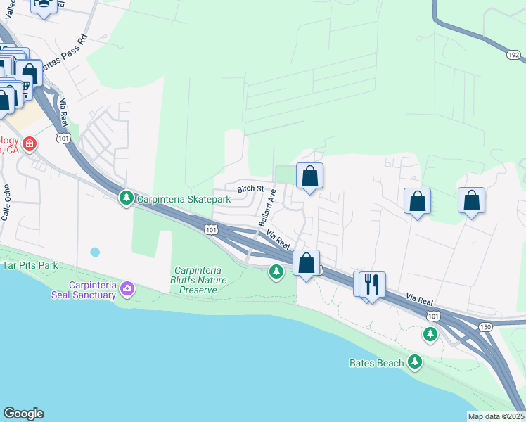 map of restaurants, bars, coffee shops, grocery stores, and more near 1041 Bailard Avenue in Carpinteria