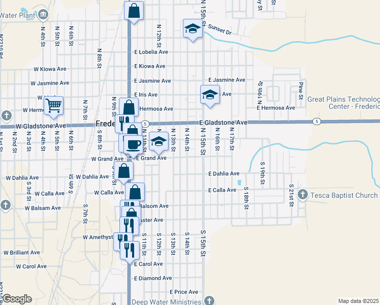 map of restaurants, bars, coffee shops, grocery stores, and more near 120 North 14th Street in Frederick