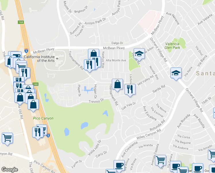 map of restaurants, bars, coffee shops, grocery stores, and more near 24223 Lema Drive in Santa Clarita