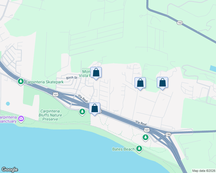 map of restaurants, bars, coffee shops, grocery stores, and more near 6180 Via Real in Carpinteria