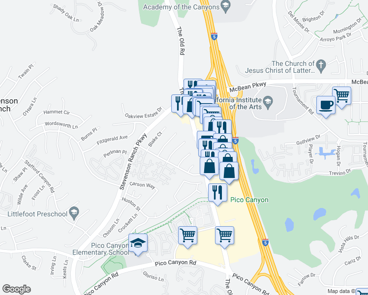 map of restaurants, bars, coffee shops, grocery stores, and more near 25815 Dickens Court in Stevenson Ranch